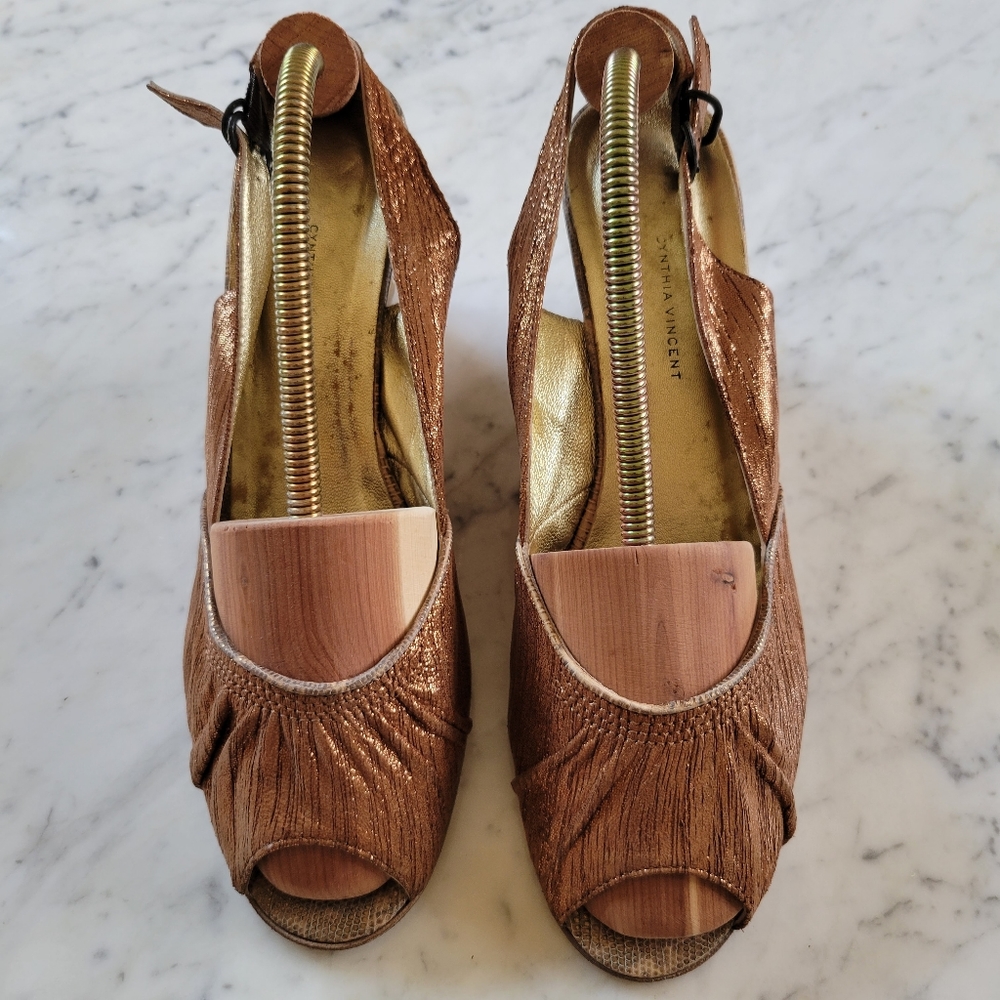 Cynthia Vincent Metallic Leather Slingback Wedges -10